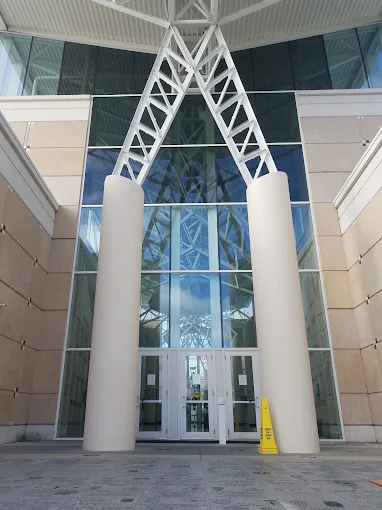 Civic center glass entry atrium with security window film