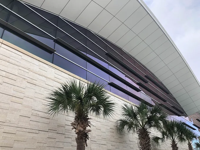 Commercial campus glass elevation with palms and window film